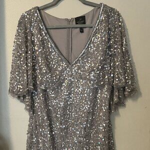Adrianna Pappell Beaded Silver Grey dress with cape and mesh beading - Like New